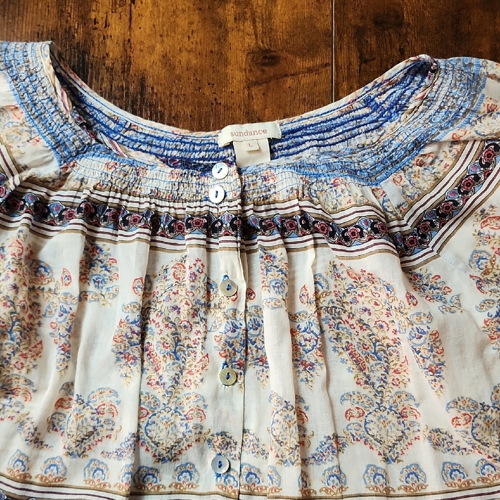 SUNDANCE | Multicolor Paisley Boho Semi-Sheer Cotton Floral Button Blouse | L - Picture 11 of 13